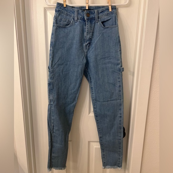 Blue Ankle Jeans with Fringe Bottoms - Picture 3 of 9